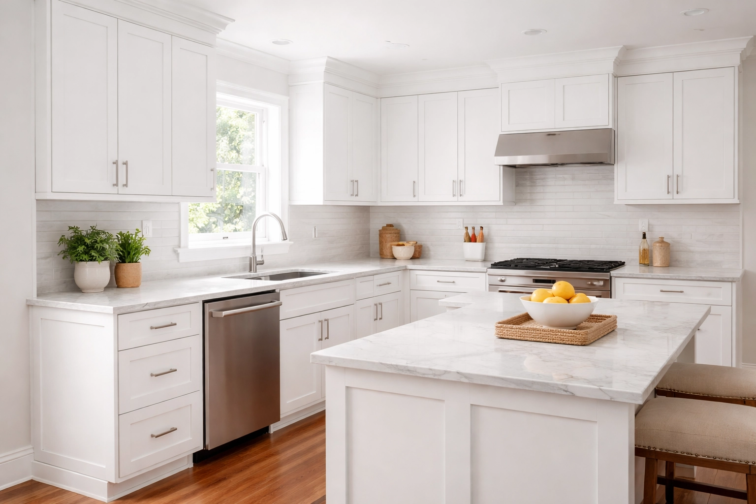 Bright Atlanta kitchen with professionally painted white shaker cabinets and marble countertops