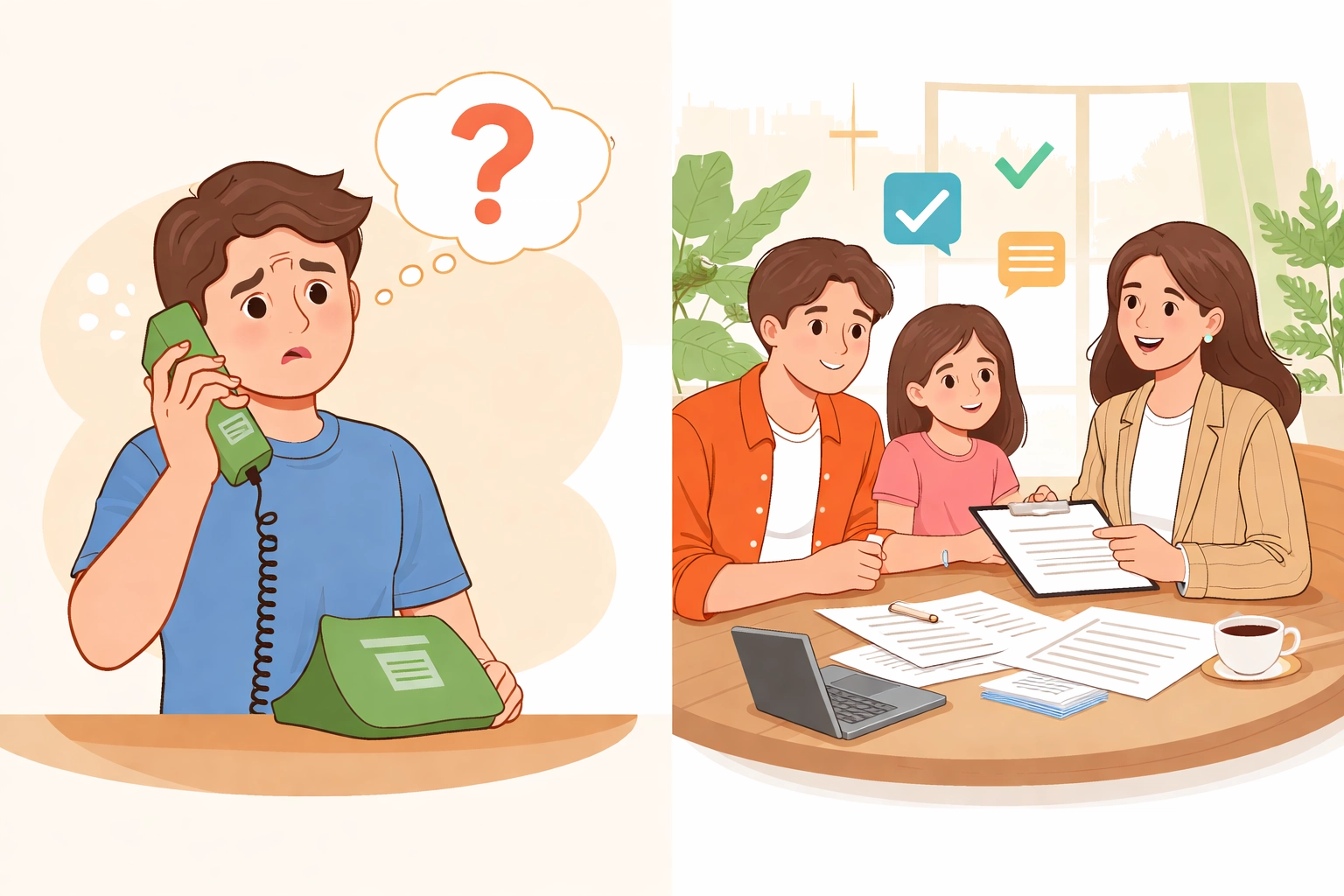 Family receiving clear ABA insurance guidance compared to confusion from a phone rep