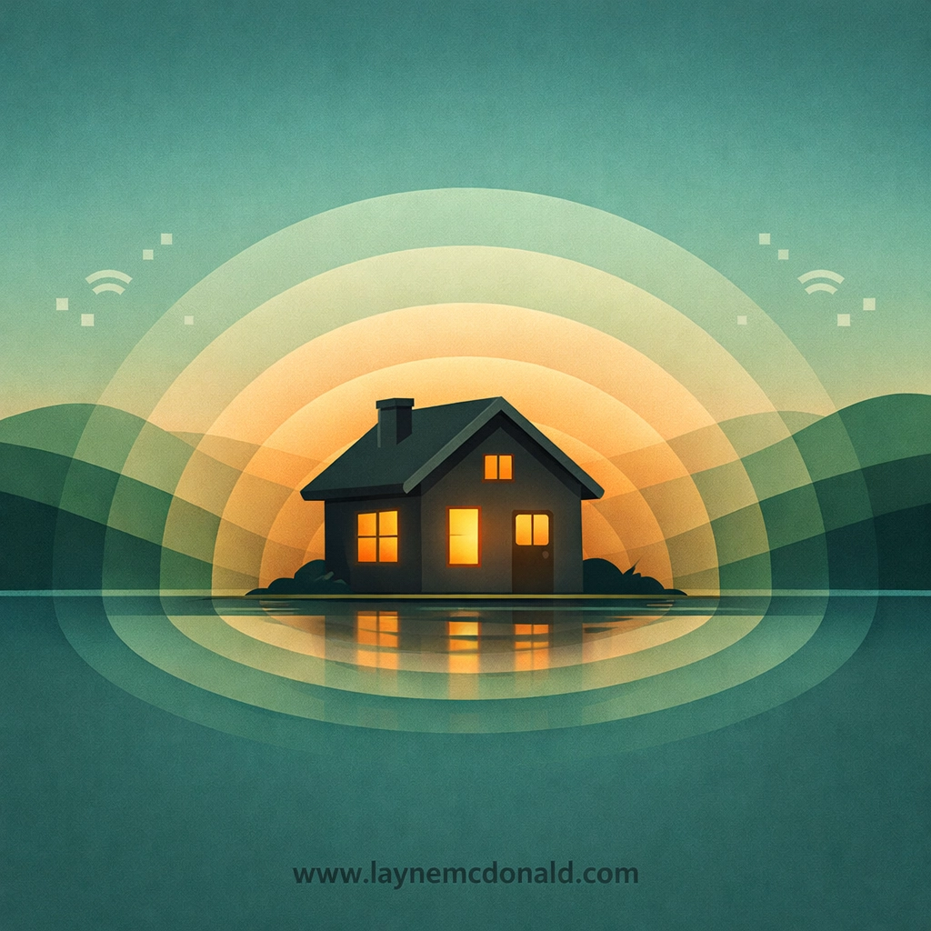 Minimalist vector of a warm, safe home with a protective digital barrier for Christian families.