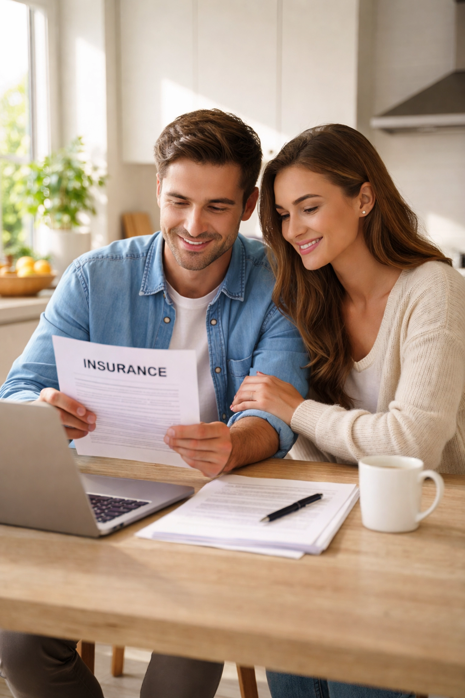 Couple reviewing insurance documents at home, showing preparedness and Recoop Disaster Insurance peace of mind