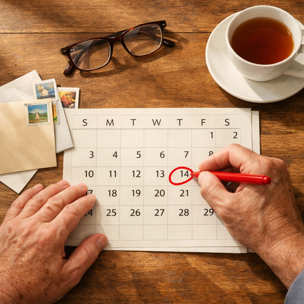 Senior marking calendar anticipating pen pal letters and mail day