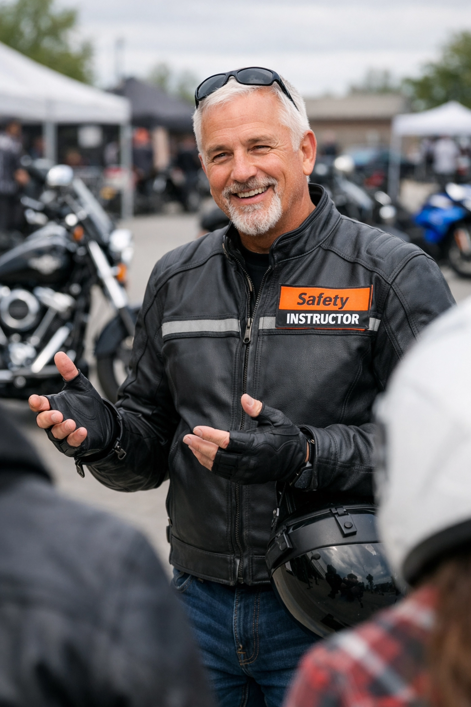 Professional motorcycle safety ambassador educating a group of riders on DOT safety goals and awareness.