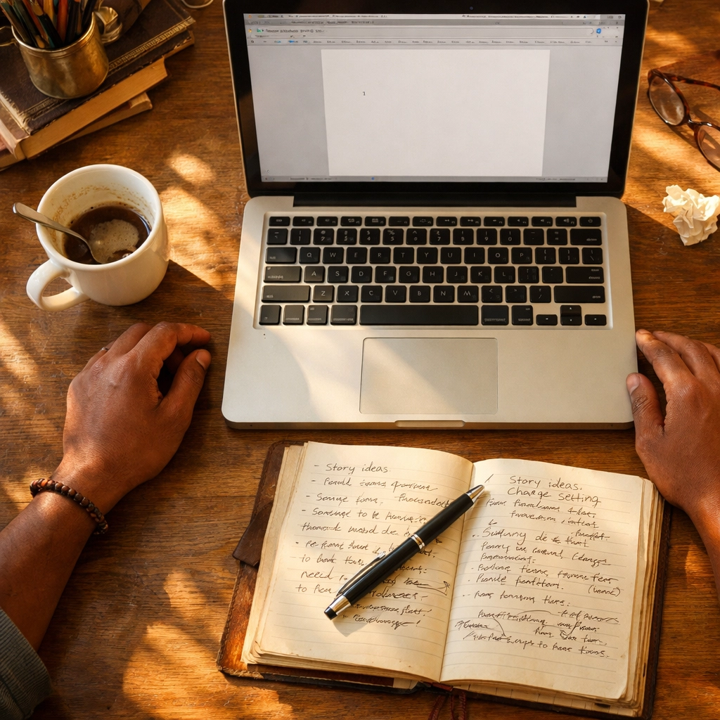 Writer's desk with laptop and coffee showing a moment of pause from manuscript work