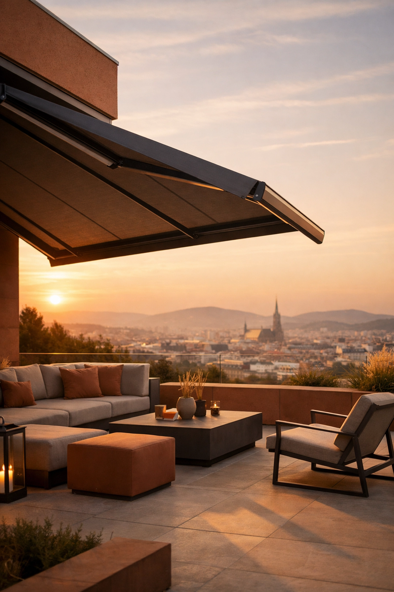 Elektrische Markise auf moderner Terrasse in Wien bei Sonnenuntergang