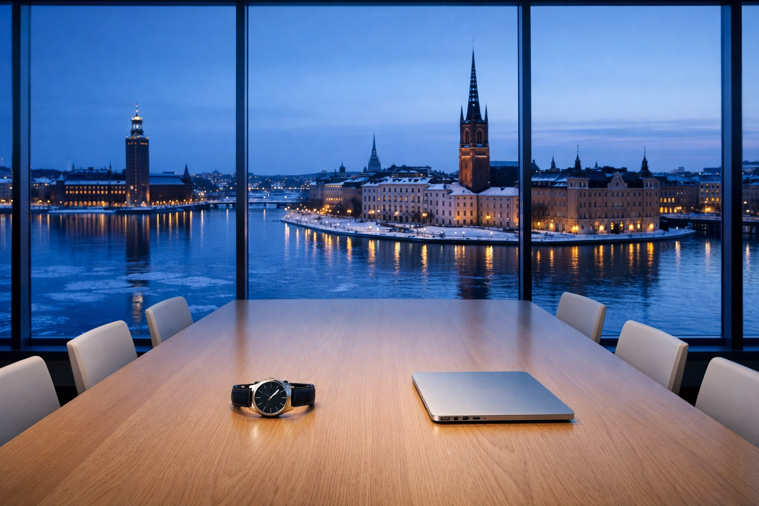 Minimalist Stockholm boardroom at twilight representing Scandinavian business precision and scheduling.