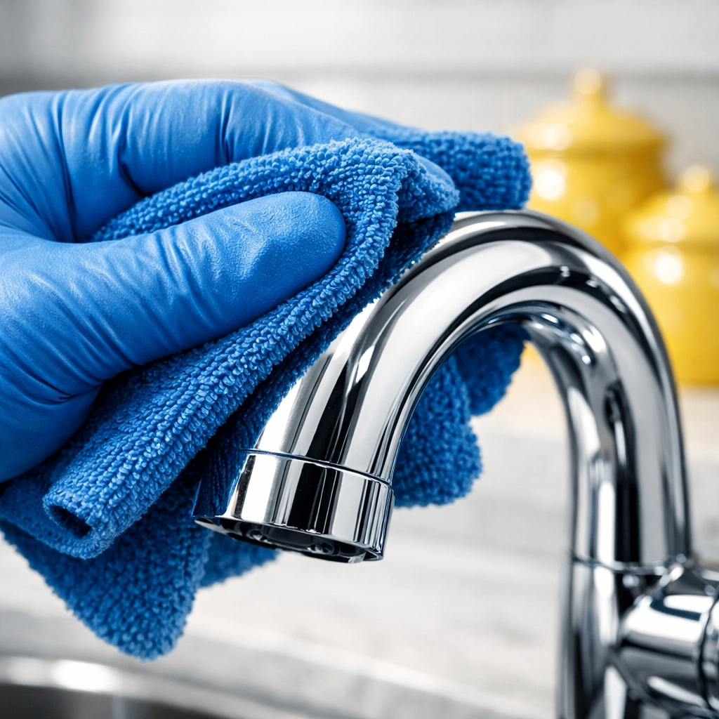 Professional cleaners in Westford polishing a modern kitchen faucet to a mirror-like shine with expert care.