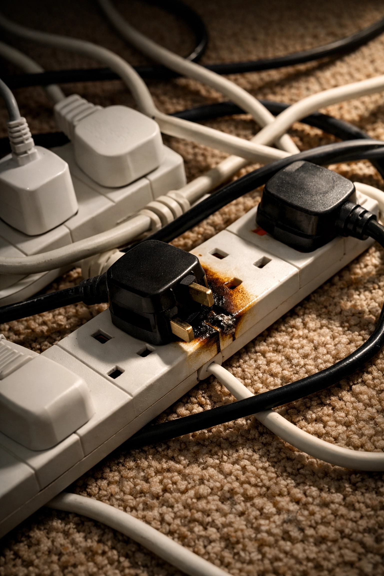 Dangerous daisy-chained extension leads requiring electrician Bournemouth repair