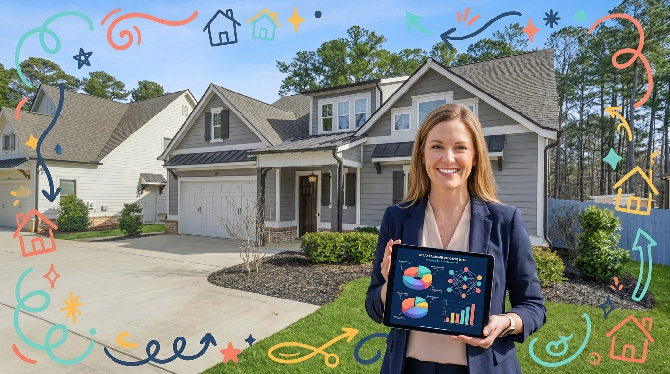 A friendly real estate agent holding a tablet showing AI data visualizations and colorful charts, standing in front of a traditional craftsman home. The image has playful, hand-drawn accents like stars and swirls in bright colors. A friendly real estate agent holding a tablet showing AI data visualizations and colorful charts, standing in front of a traditional craftsman home. The image has playful, hand-drawn accents like stars and swirls in bright colors.
