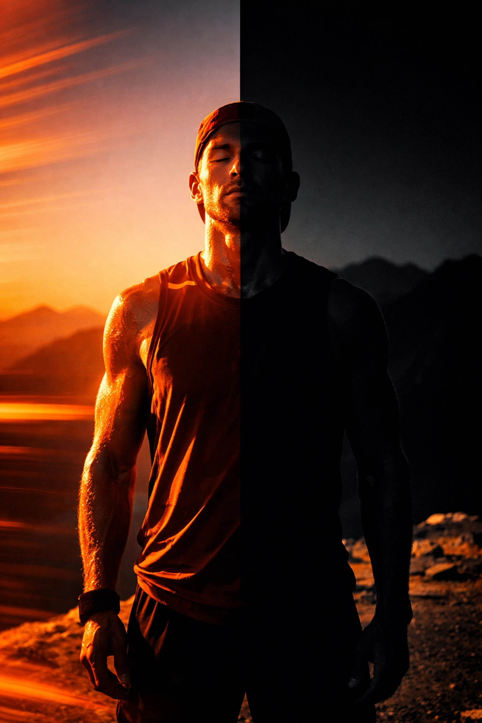 A mindful runner at a mountain overlook during sunset, eyes closed and breathing deep, high-contrast silhouette with orange sky, black kit, and a calm pause mid-journey.