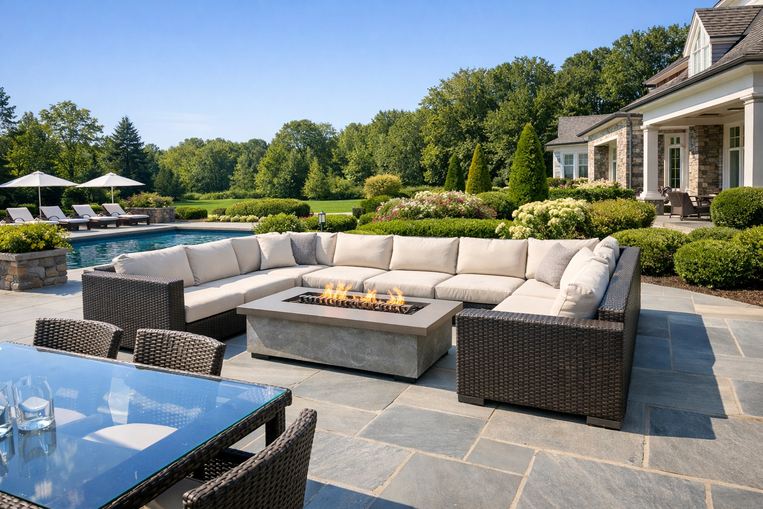 Pristine outdoor living space in Westchester featuring a clean wicker sectional and spotless bluestone patio.