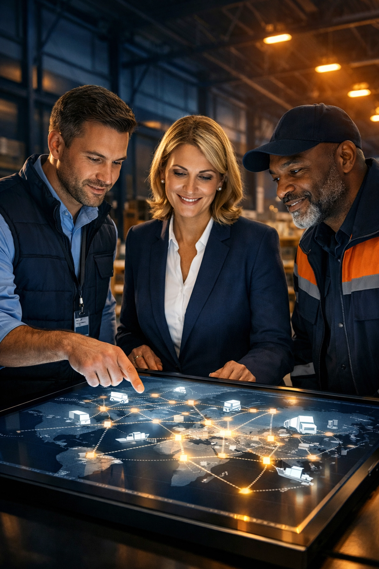 Business professionals at a logistics hub identifying parties for a shipping waiver agreement.