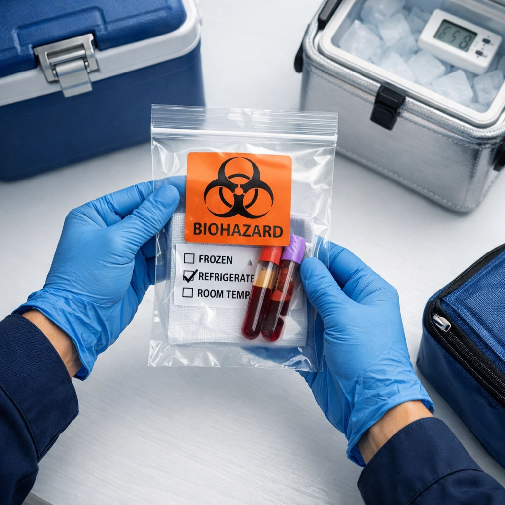 Medical courier handling biohazard specimen bags with temperature-controlled transport containers