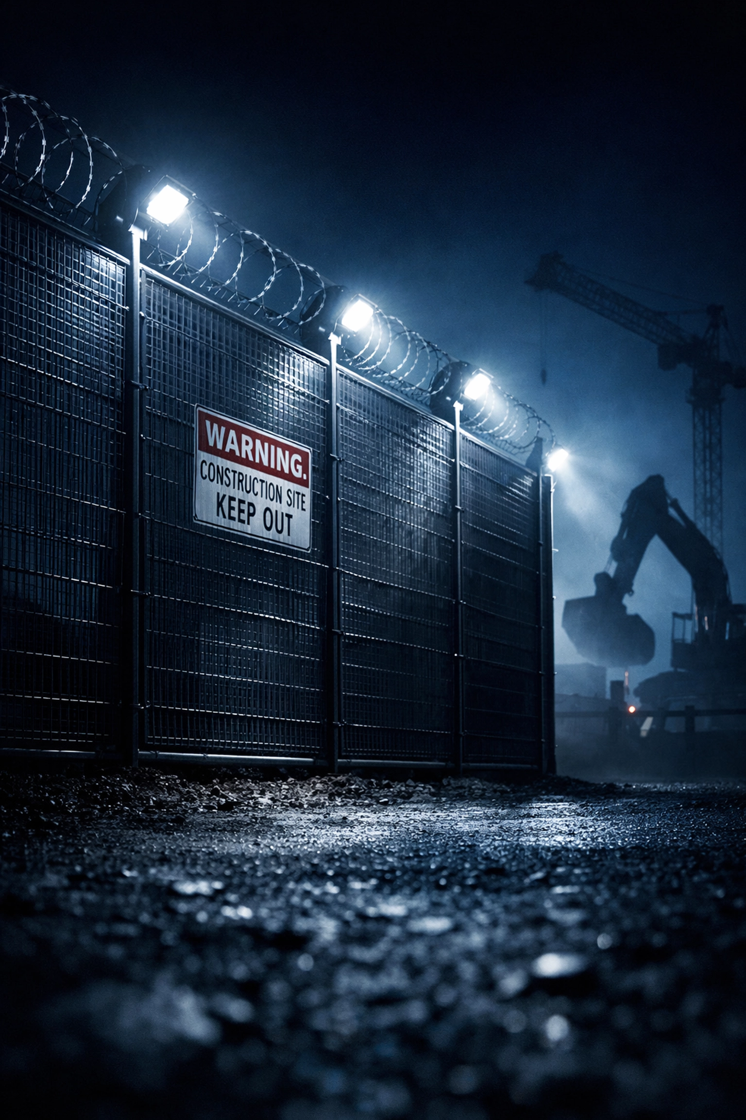Construction site perimeter with motion-activated security lighting and anti-climb fence at night
