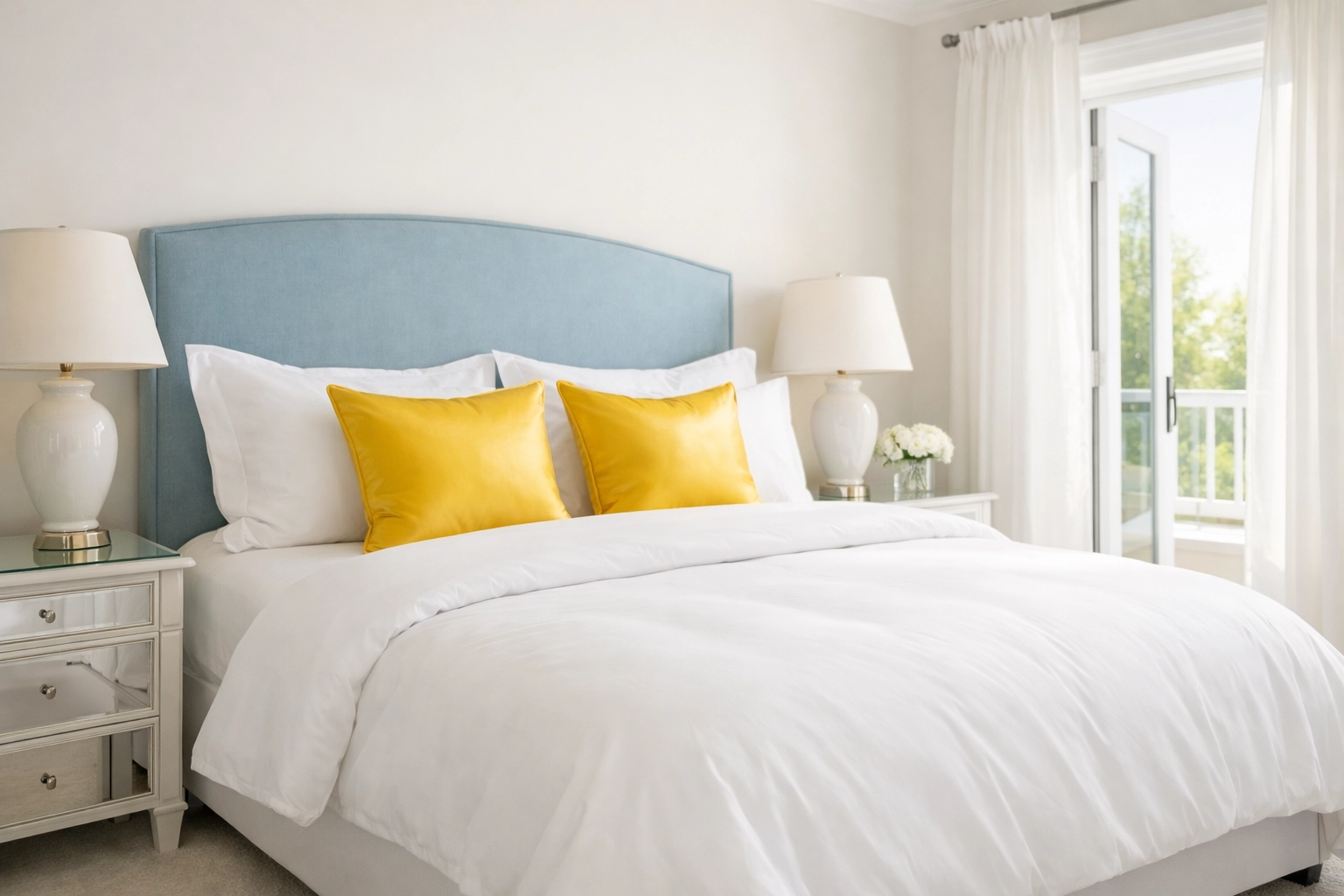 A bright, hypoallergenic bedroom with fresh white linens and yellow pillows for better sleep.