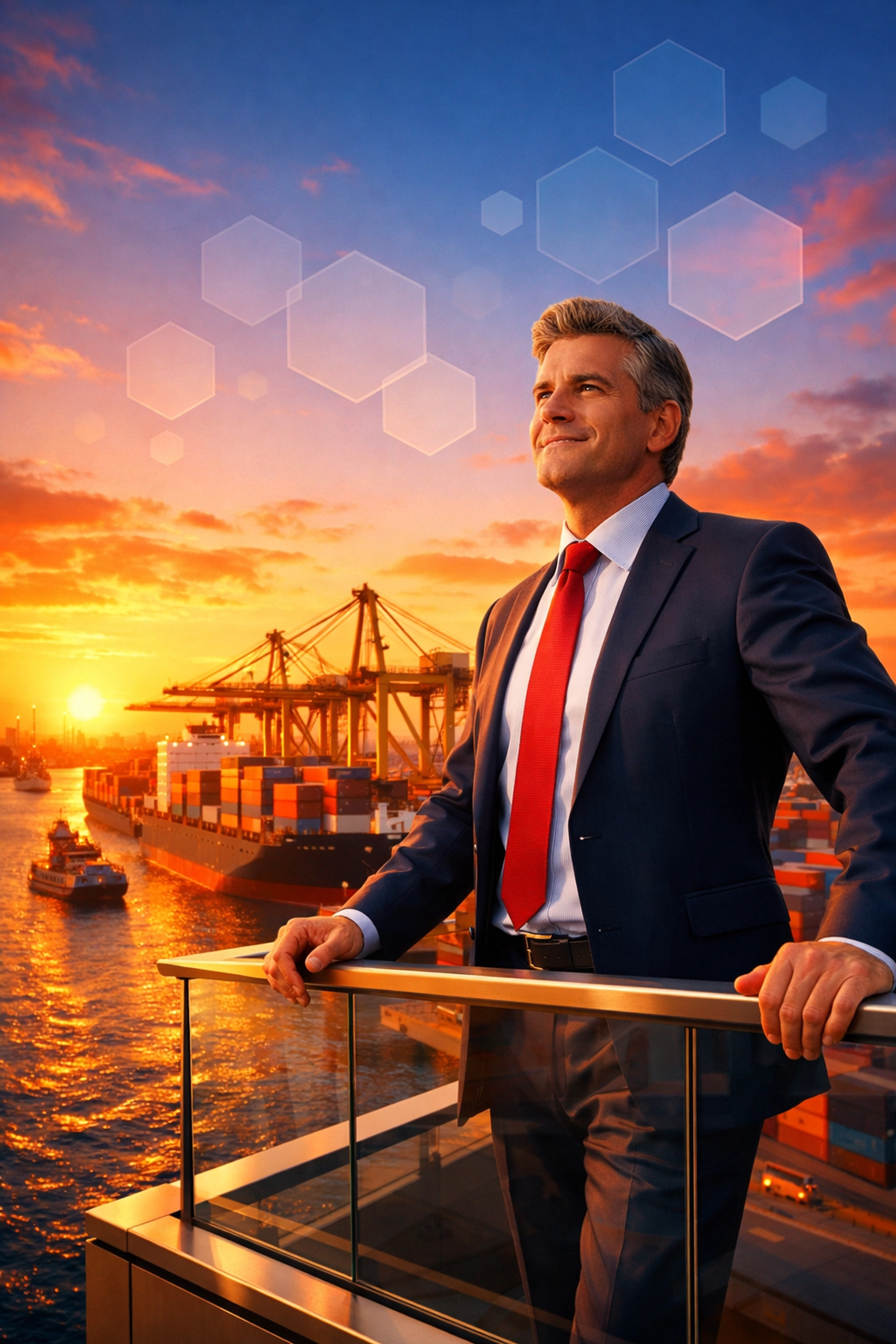 A business leader overlooking a shipping port representing logistics savings and optimized business freight.