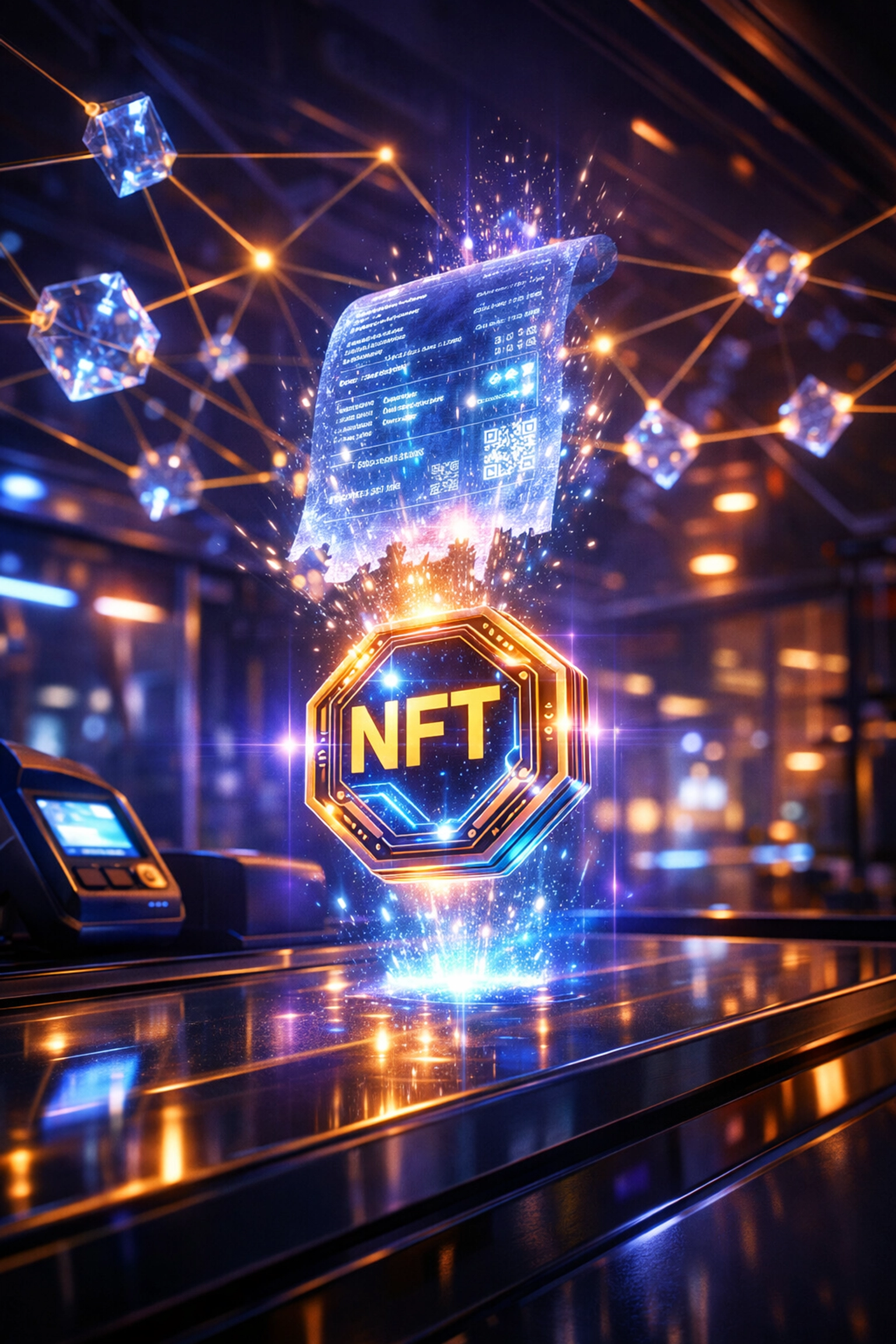 NFT receipt floating above merchant counter showing blockchain-verified transaction for Web3 payments