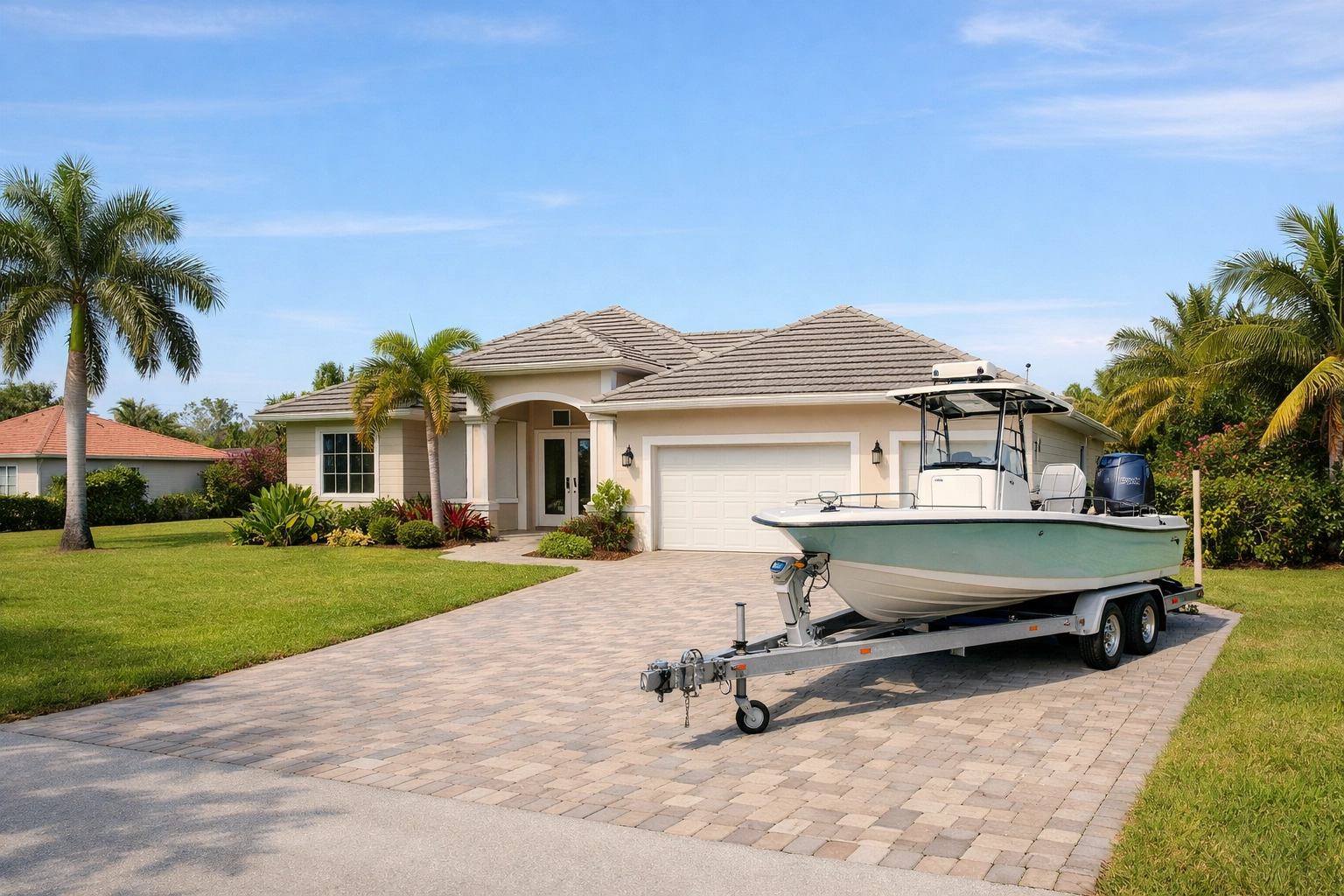 Spacious non-gated Cape Coral home with a private driveway and boat storage surrounded by lush landscaping.
