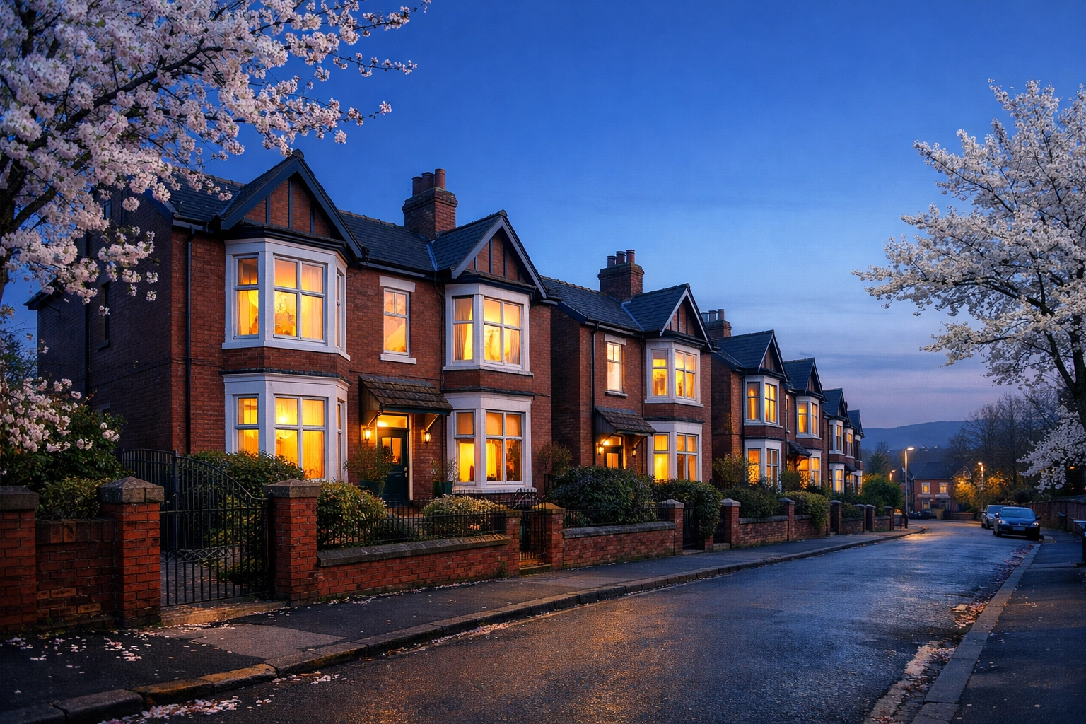 Row of traditional semi-detached red-brick houses in a residential area of Oldham.