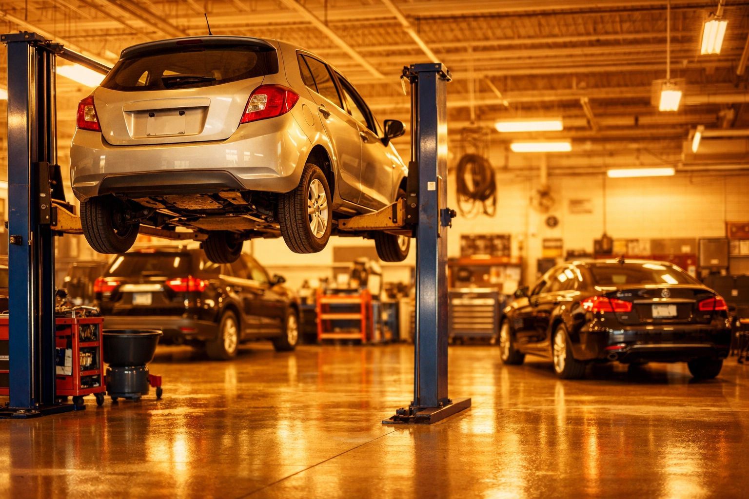 Modern auto repair shop service bay with vehicles elevated for transmission repair.
