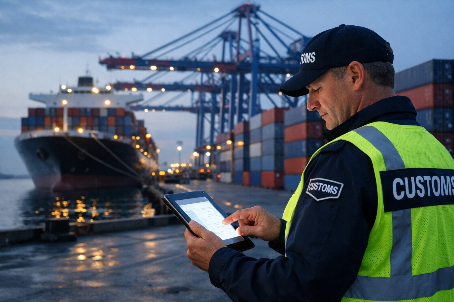 Customs officer reviewing digital ICS2 data at sea cargo port terminal with container ship