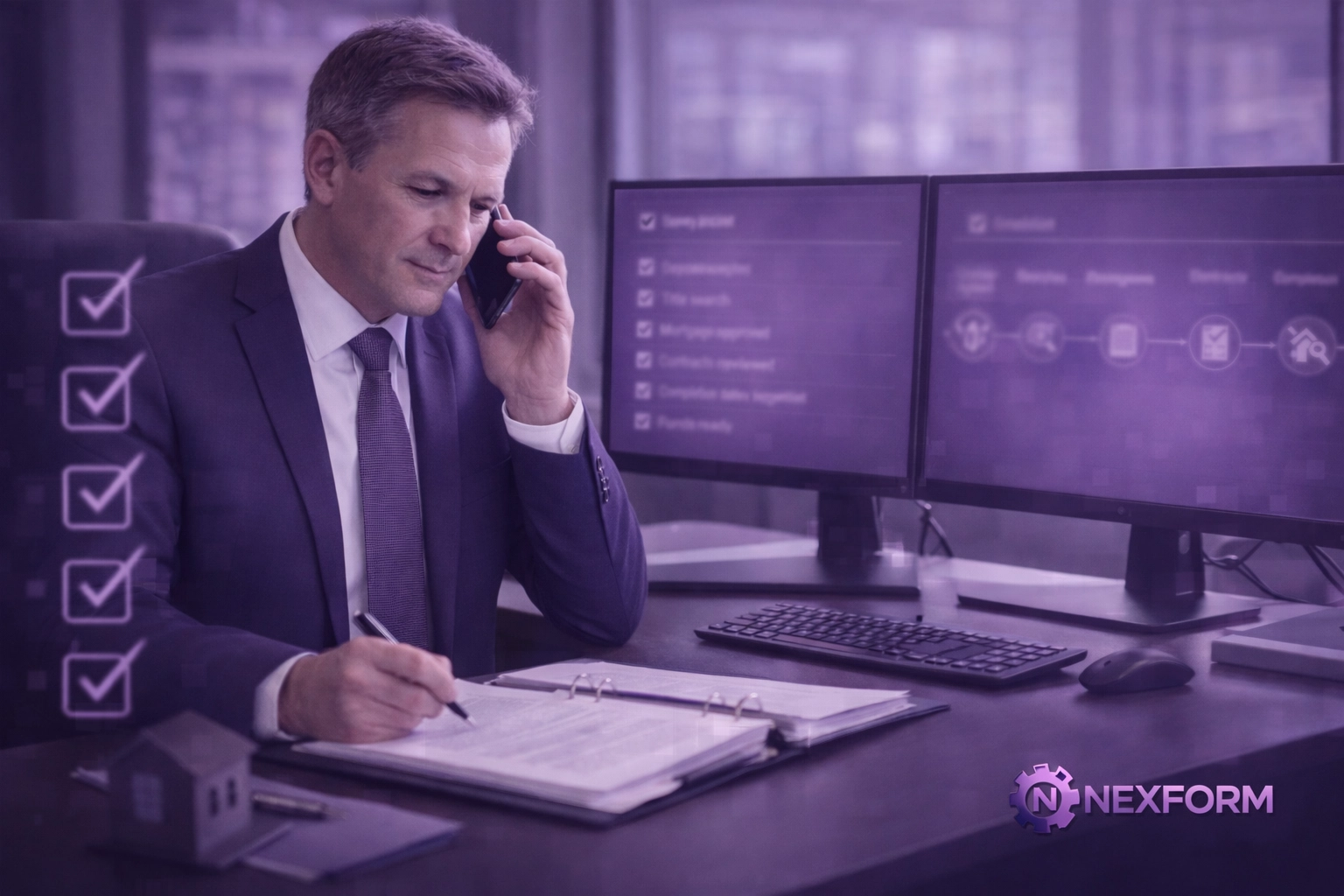 A solicitor using automated legal document processing at a modern workstation for faster property completions.