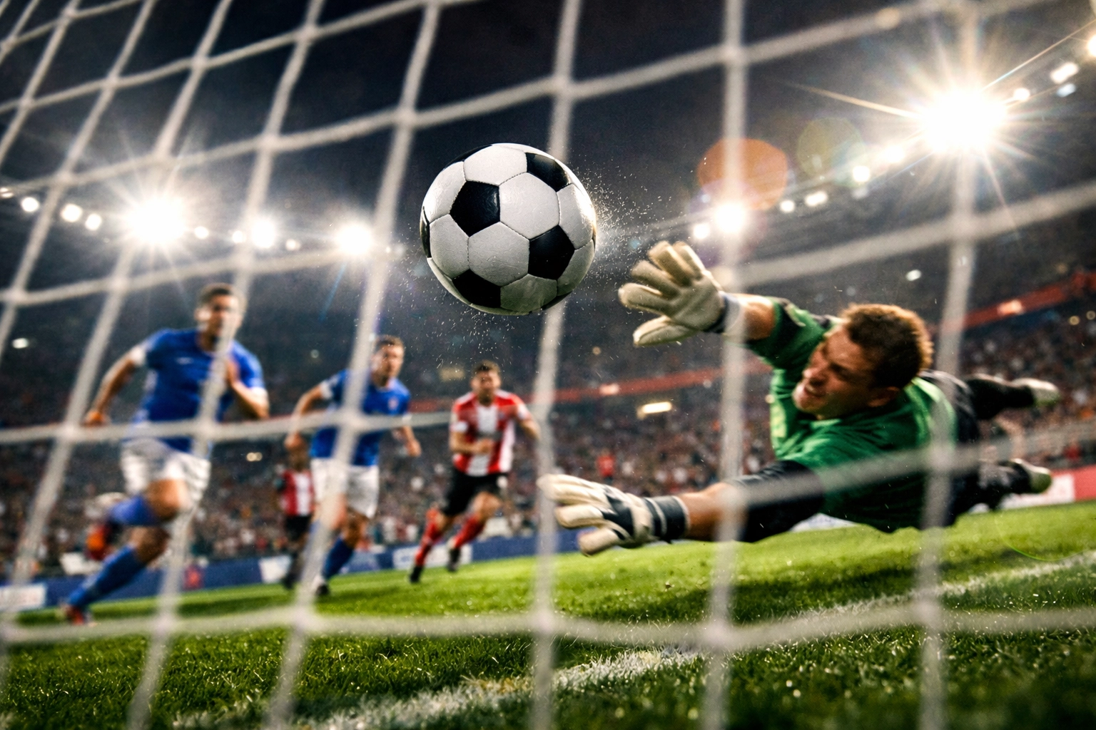Spannende Fußball-Spielszene mit Torschuss und Torhüter-Parade im Stadion