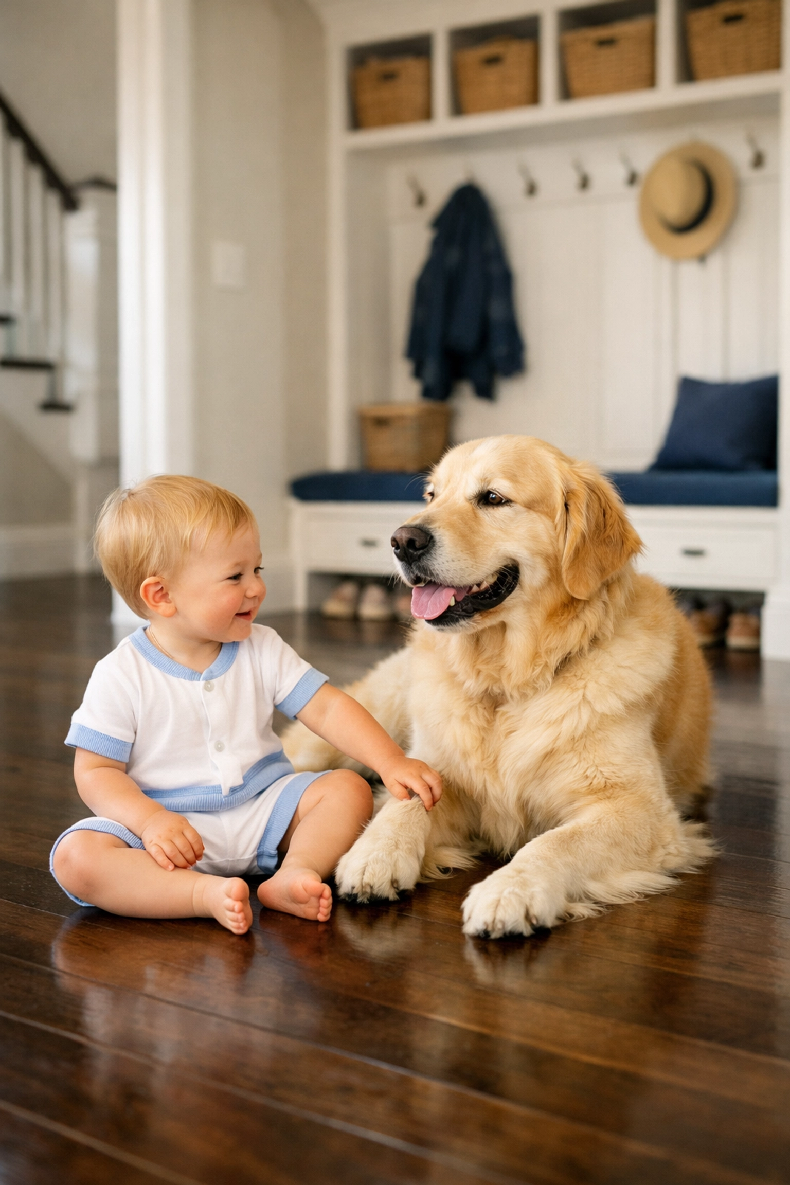 Toddler and Golden Retriever on floors safe from toxins thanks to eco-friendly house cleaning in Weston.