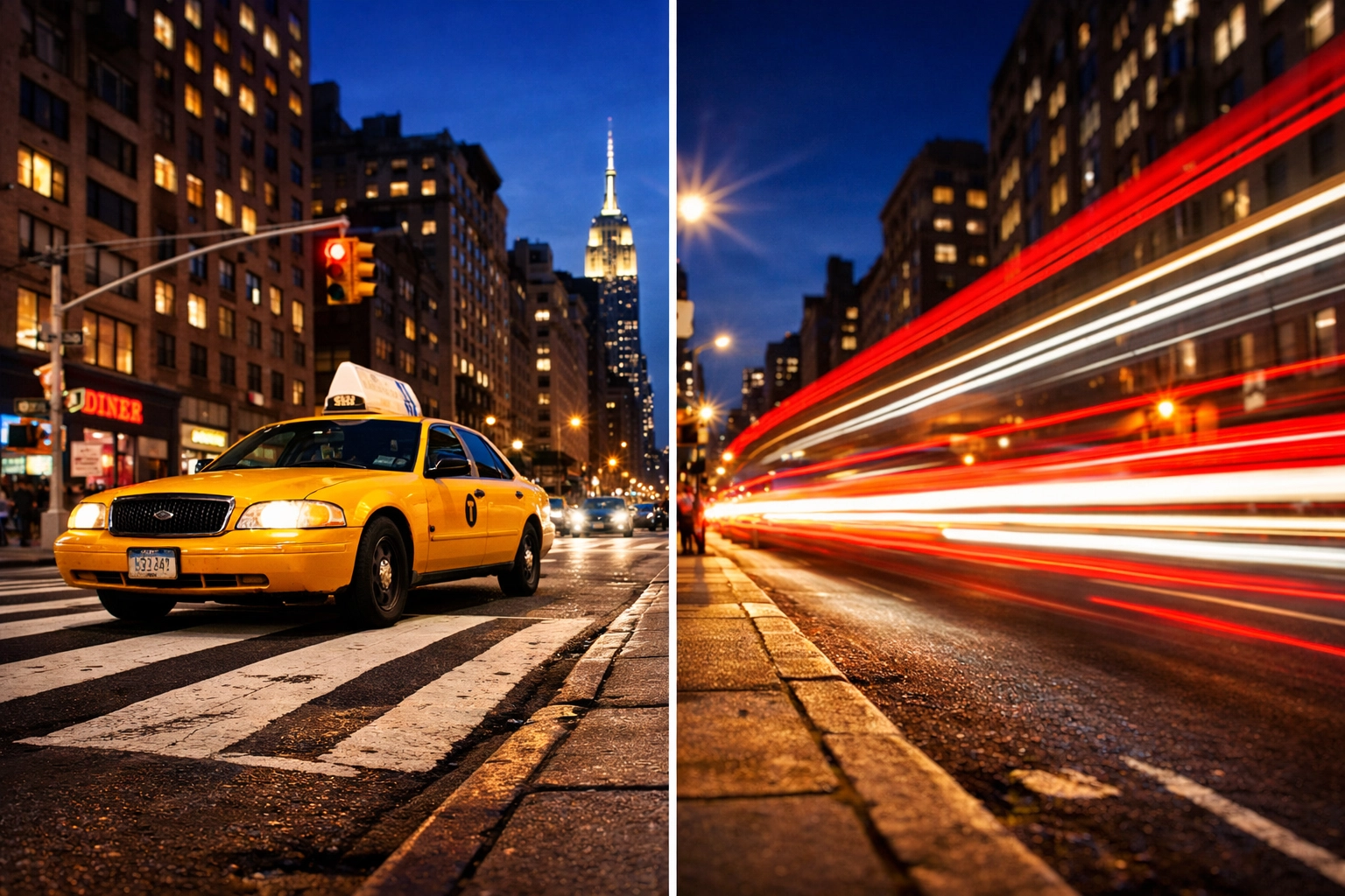 A split view showing fast shutter speed freezing a taxi and slow shutter speed creating light trails.