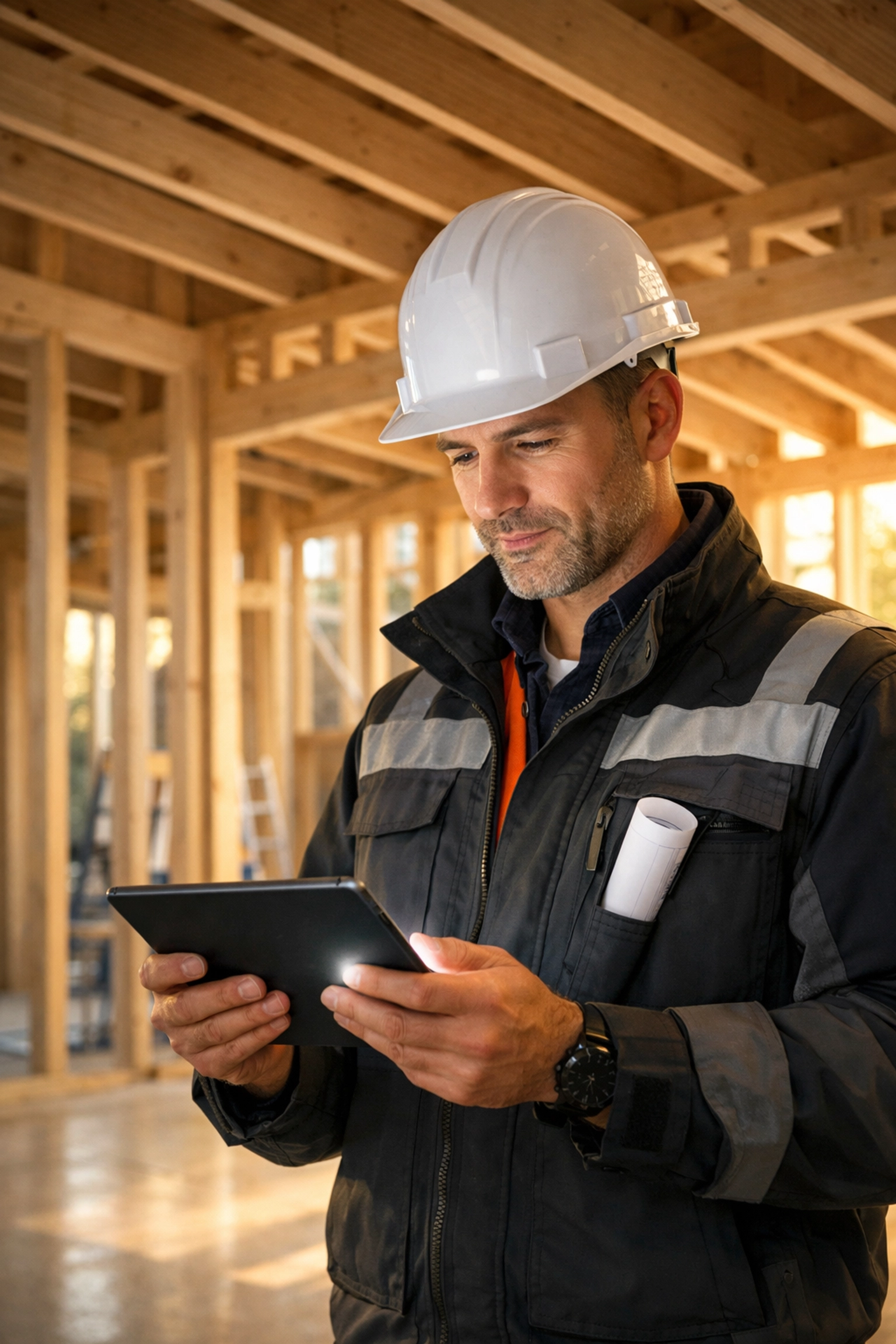 Project manager overseeing a house extension in Chichester site with modern timber framing.