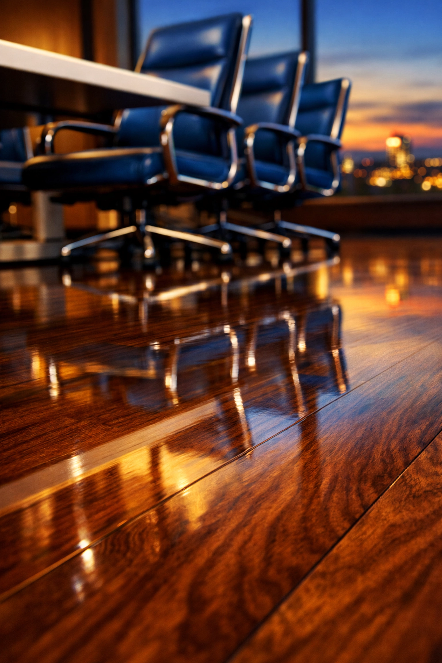 Detailed view of polished hardwood floors in a Westborough boardroom following professional maintenance.