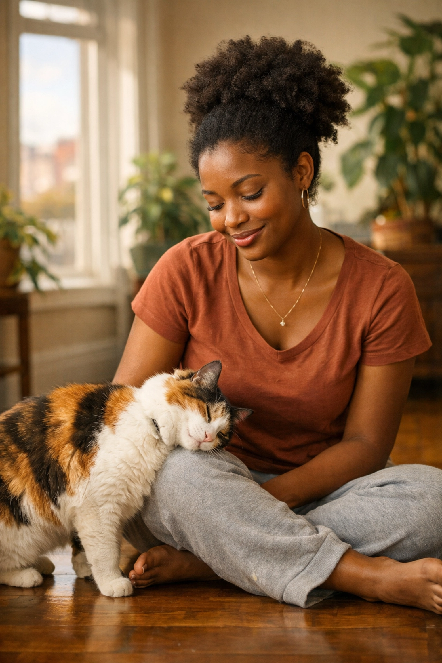 Professional cat sitting in a San Francisco apartment with a relaxed calico cat in its safe zone.