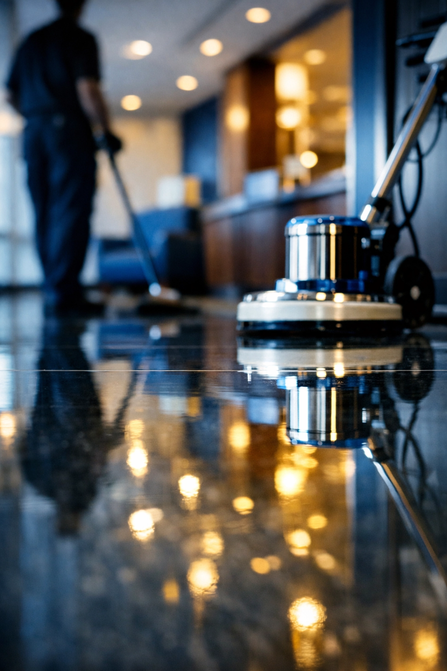 Expertly buffed office floor with a mirror finish, showcasing professional commercial janitorial standards in Hanover.