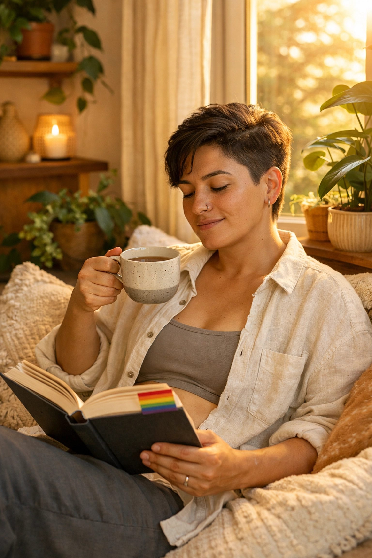 A non-binary parent relaxing in a reading nook with a book, focusing on queer self-care and identity.
