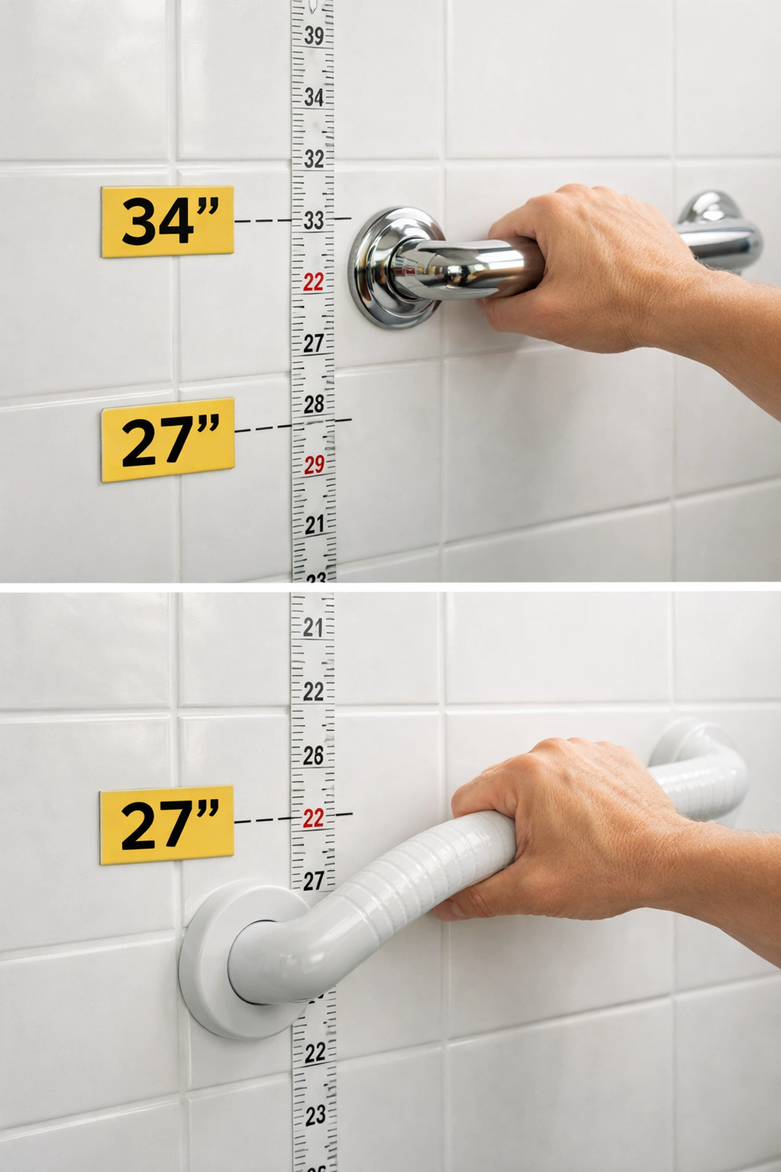 Proper height measurement for bathroom grab bar installation at 30-40 inches from floor