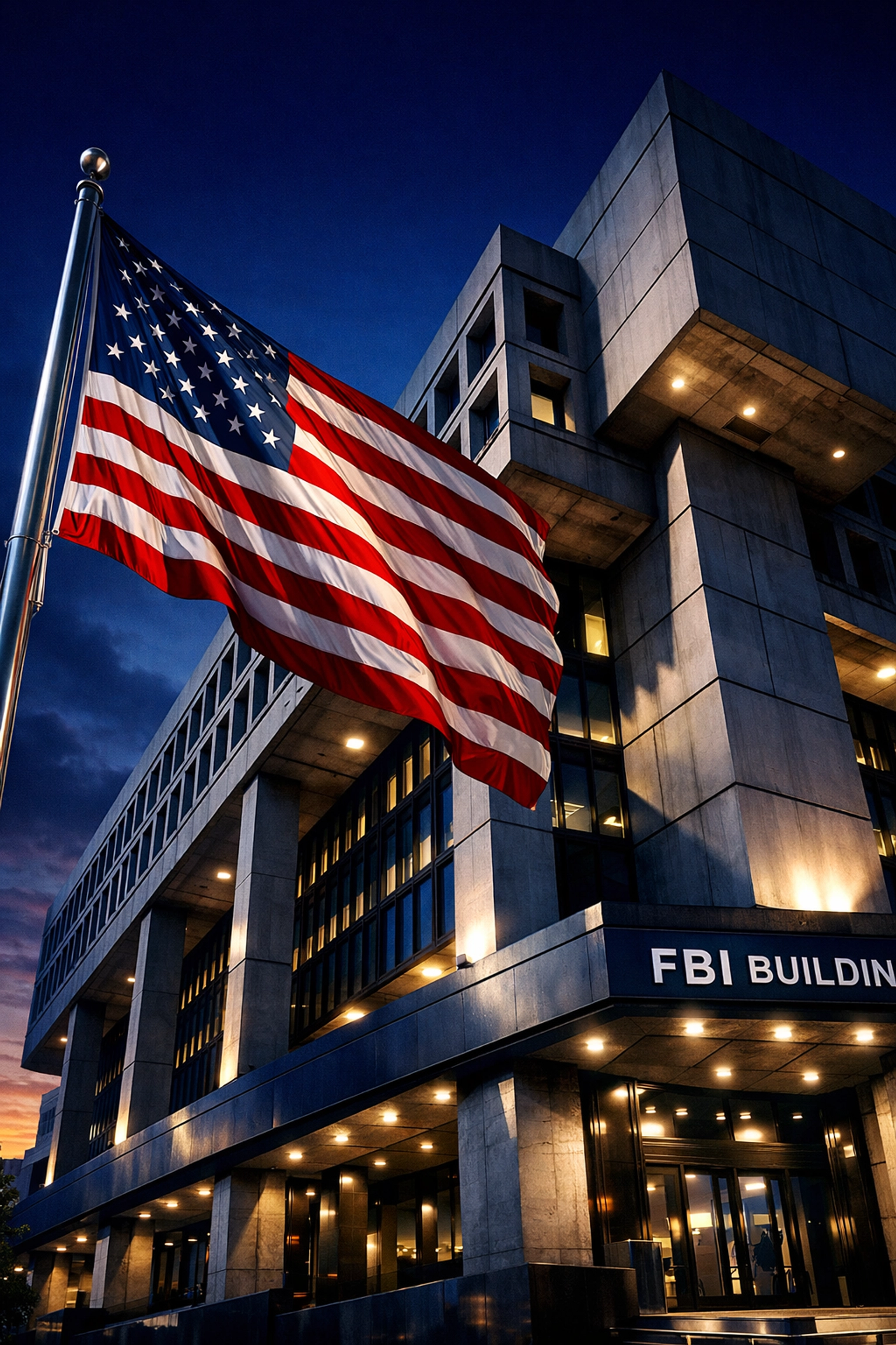 FBI headquarters building with American flag at evening