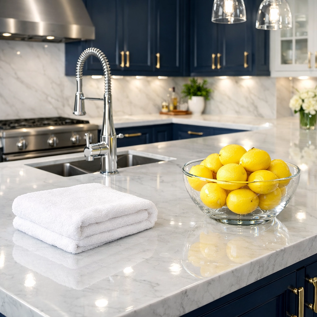Deep cleaning results in a Leominster kitchen with sparkling marble counters and professional sanitization.