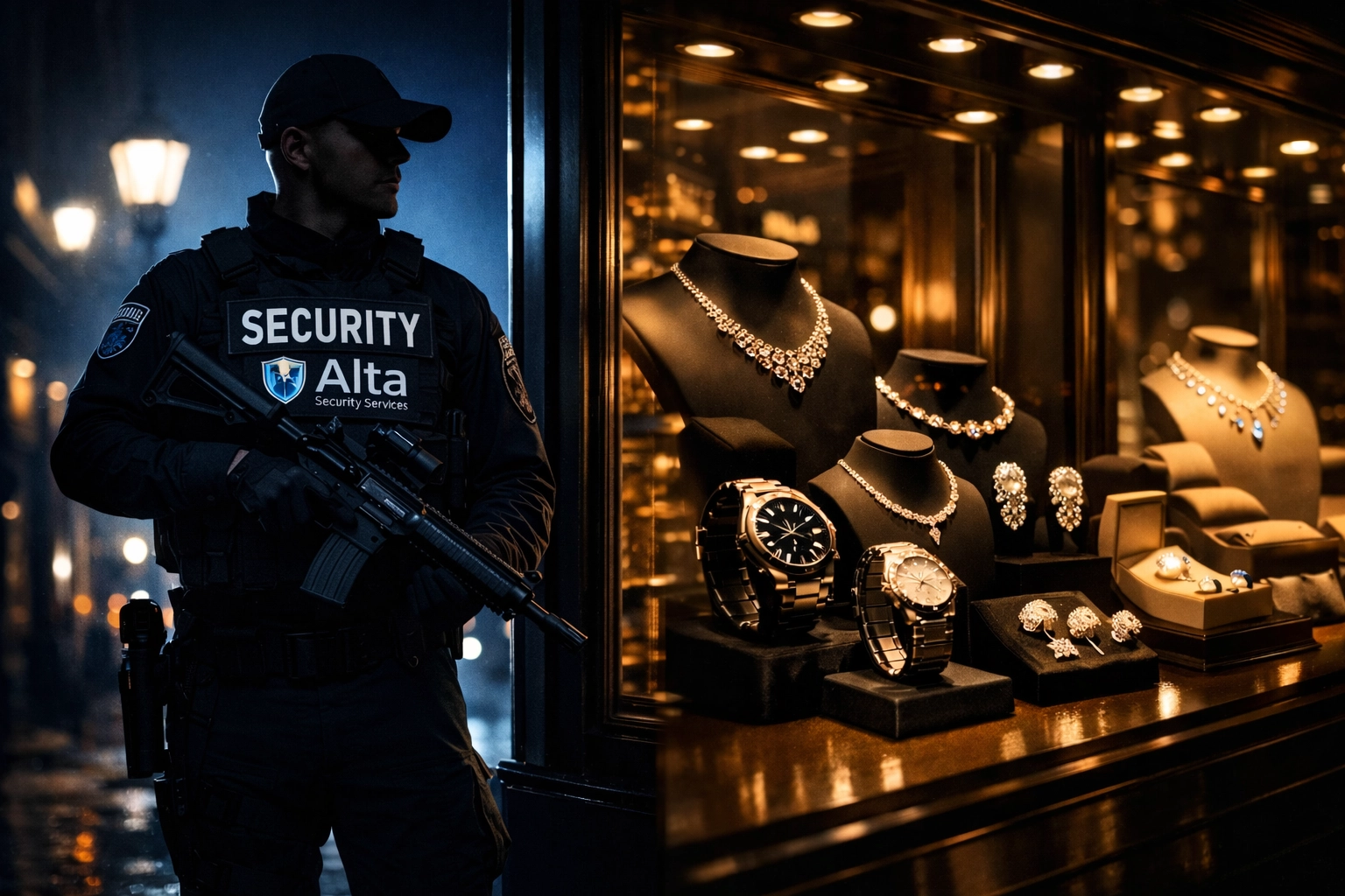 Armed security guard protecting high-end jewelry store at night