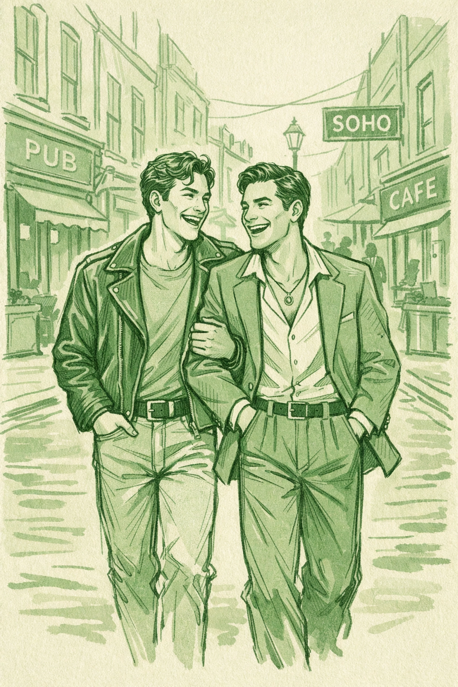 Joyful MM couple walking arm-in-arm down London’s historic Old Compton Street in the 1980s.