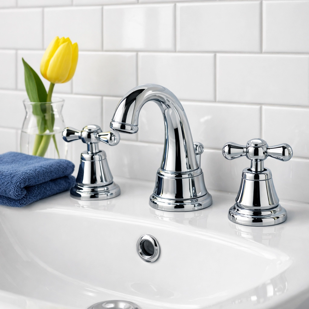 Sparkling clean bathroom vanity with polished chrome fixtures after a deep house cleaning in Westford.