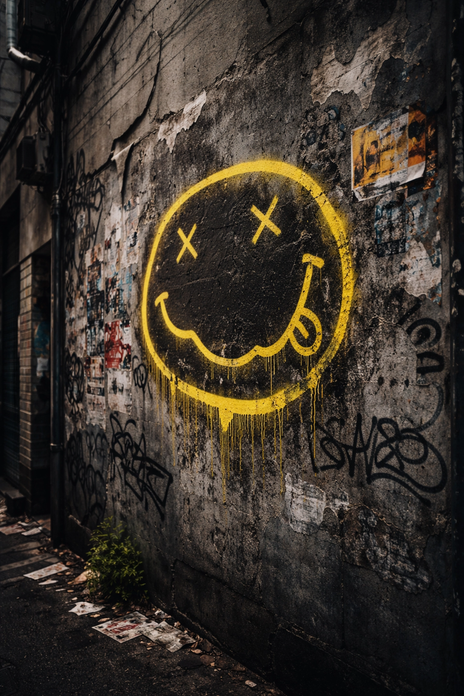 Graffiti wall featuring a faded yellow Nirvana smiley face design, symbolizing grunge fashion influence