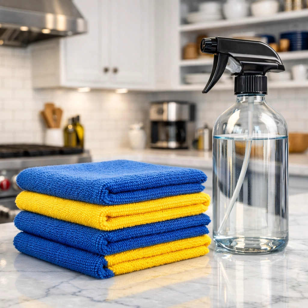Close-up of organized cleaning tools used by a high-end maid service Cambridge provider.