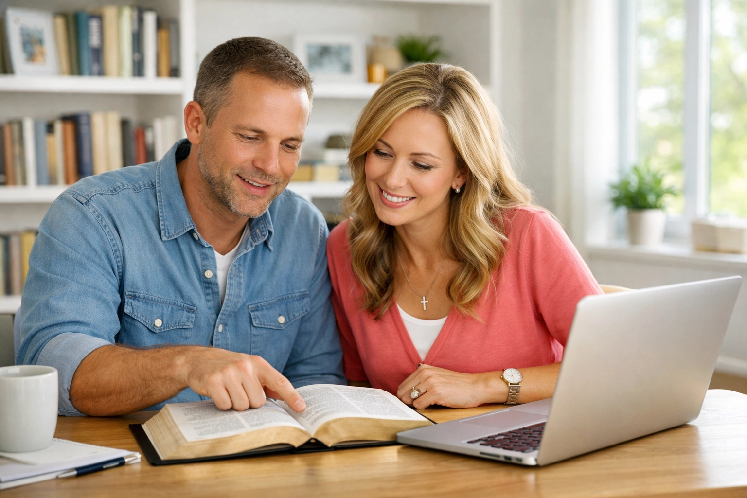 A couple engages in online Bible study in Memphis, blending scripture with modern technology.