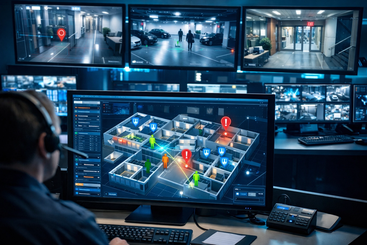 Emergency dispatch center monitoring live security camera feeds with real-time tracking
