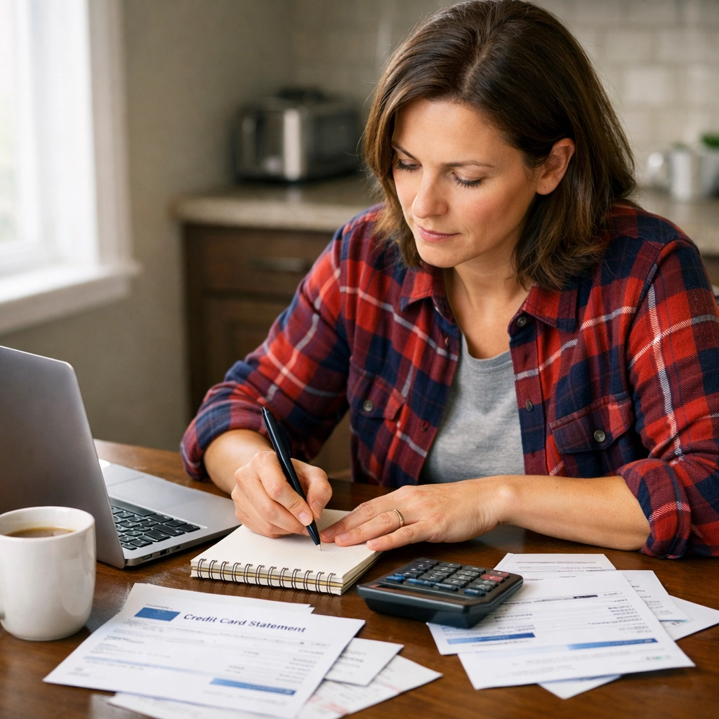 Person creating debt payoff plan with bills and calculator at kitchen table