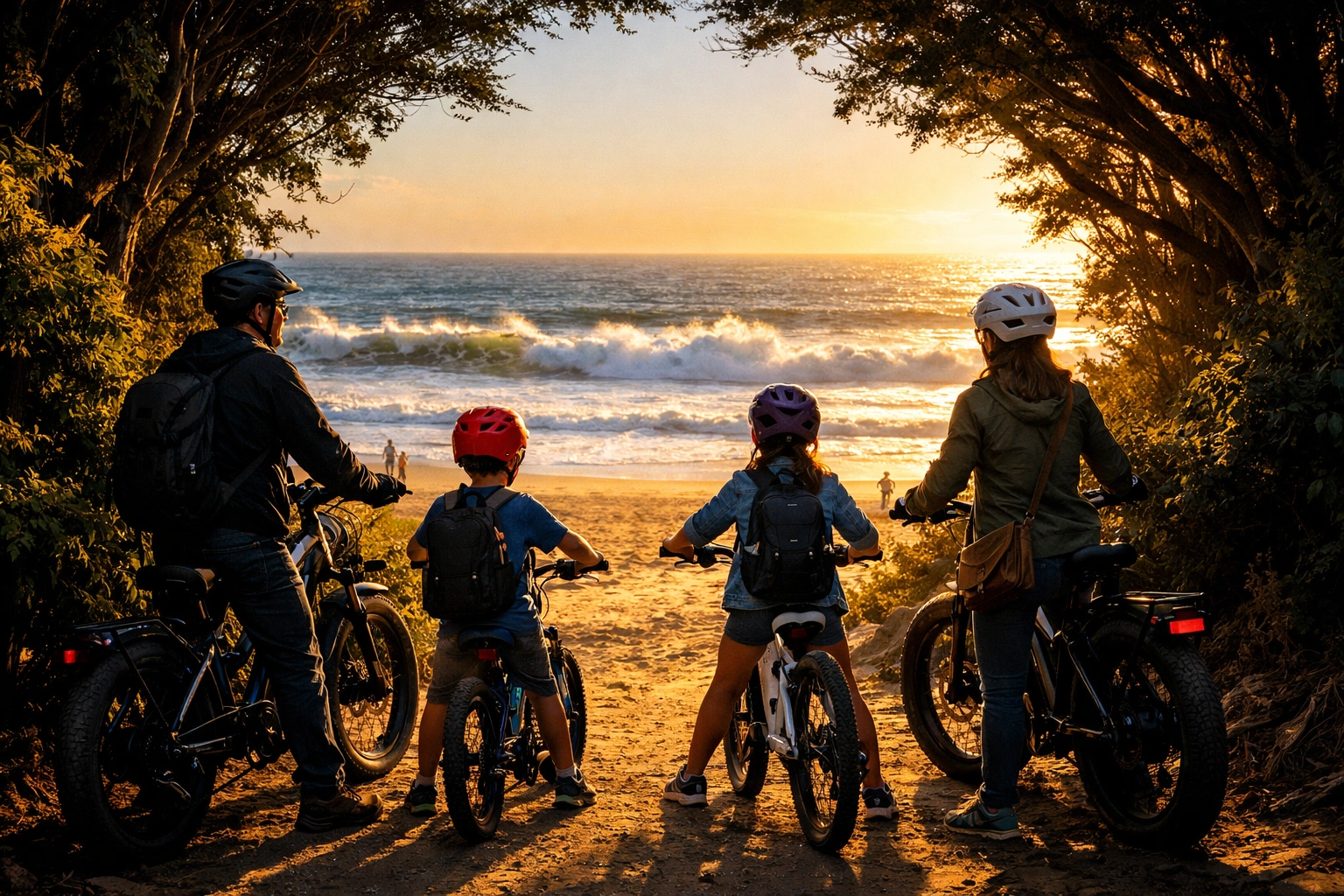 Family on bikes emerging from golden gate park trail with ocean beach view ahead