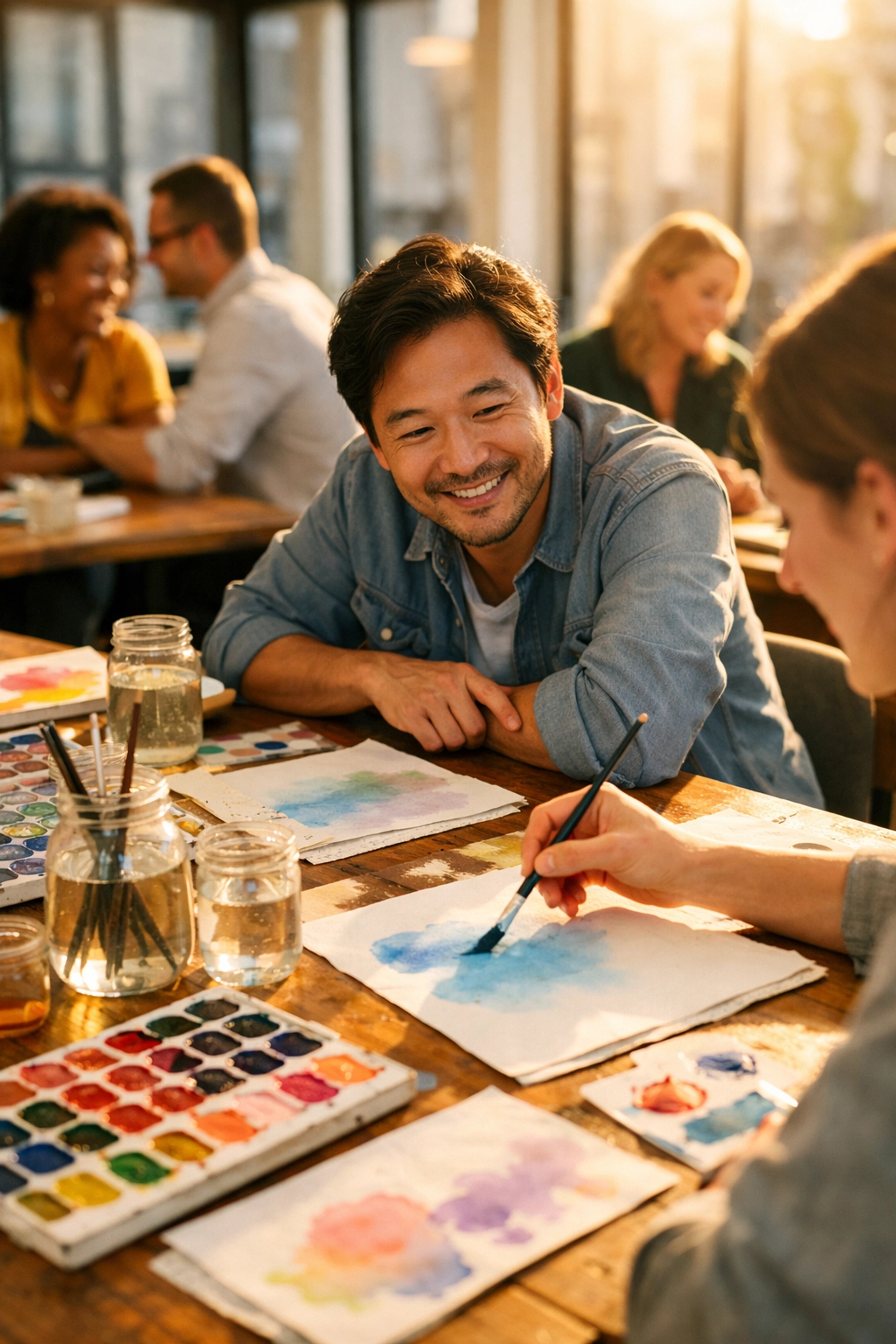 Professionals engaging in a creative reset session with watercolors for team connection.