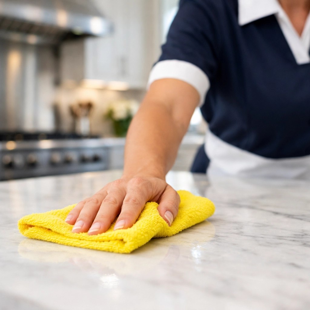 Professional cleaner in uniform wiping a luxury marble kitchen island in a Weston MA home.