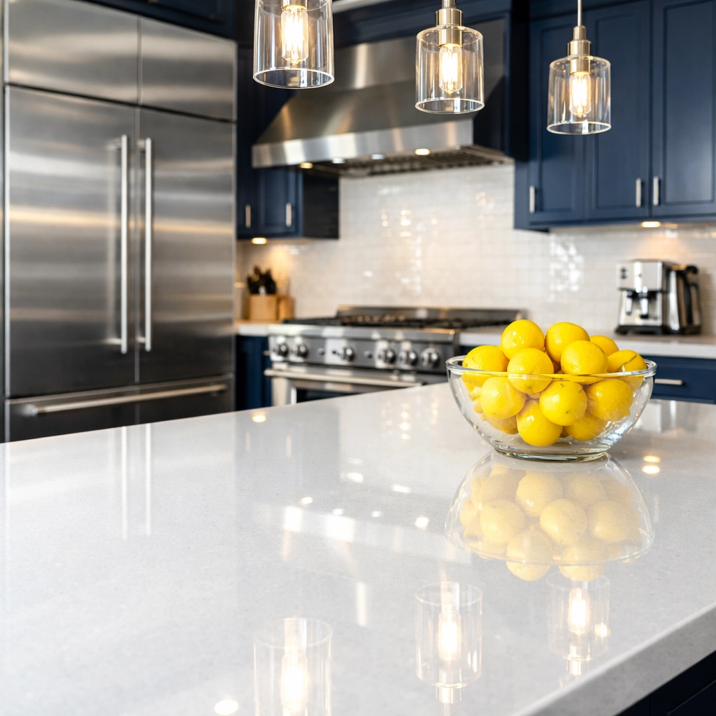Deep cleaned luxury kitchen in West Cambridge featuring sparkling counters from a maid service in Harvard Square.