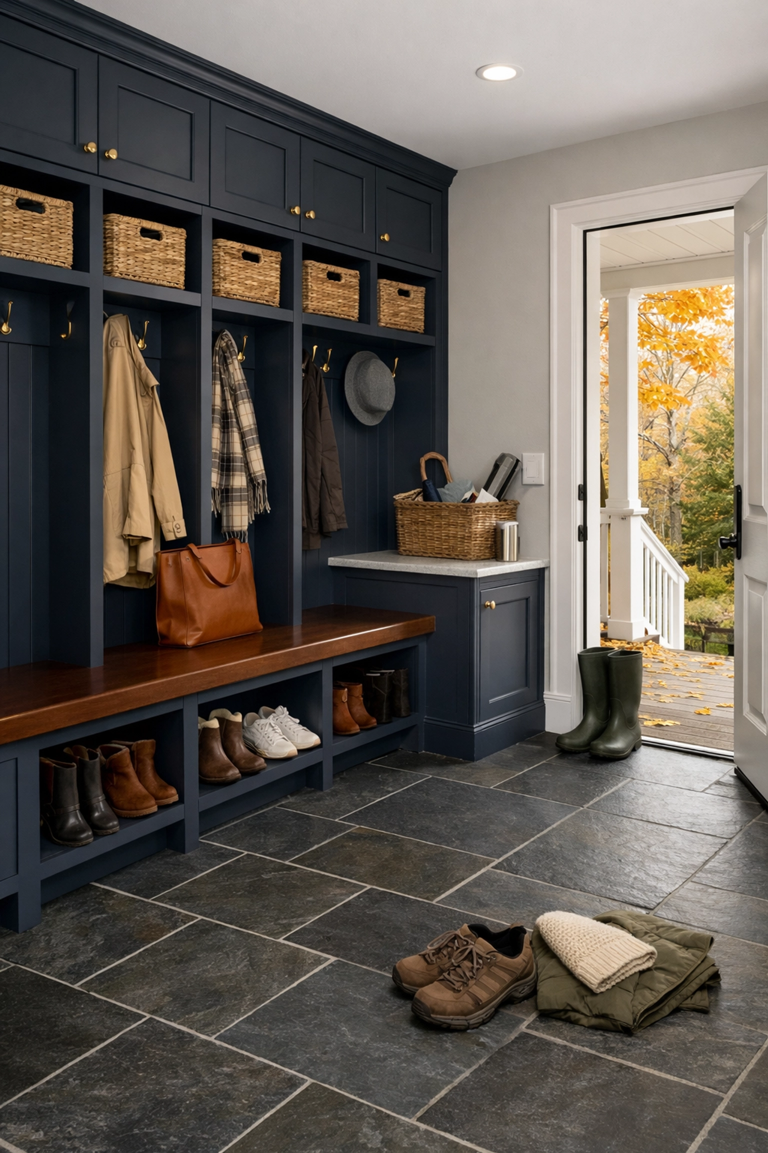Spotless Sherborn mudroom with slate tile floors maintained by residential cleaning experts.