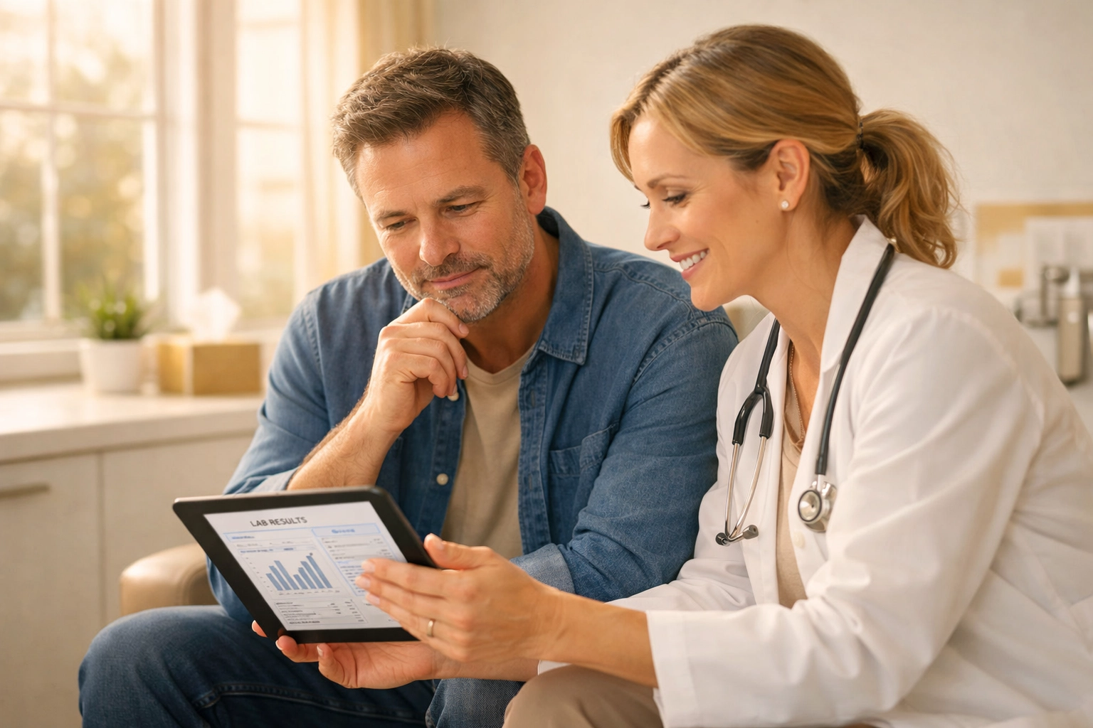 Man consulting with doctor about testosterone levels during TRT evaluation in Las Vegas
